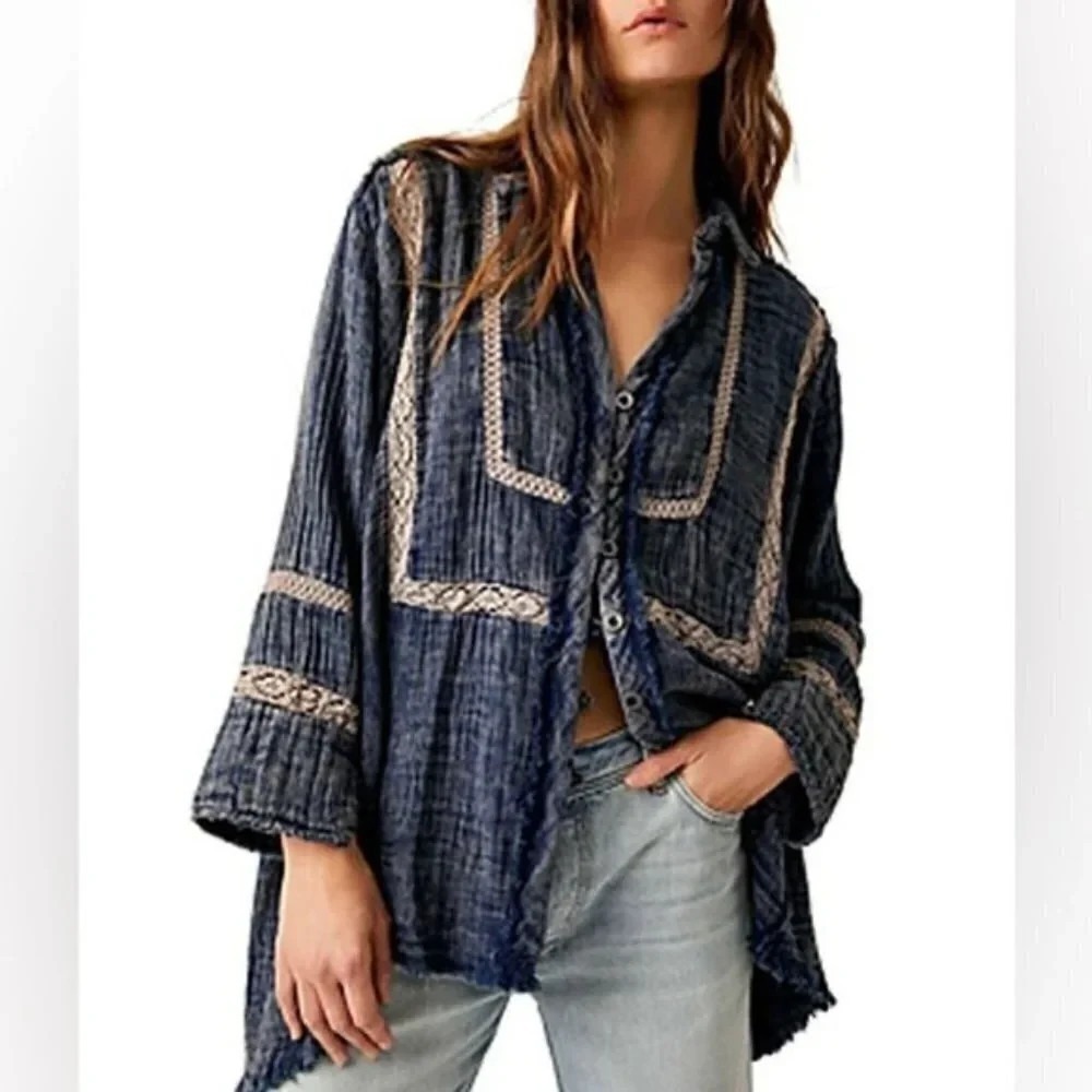 NWT Free People Ranch Wash Shirt Blue XS Oversized Boho Western Lace Gauzy $168